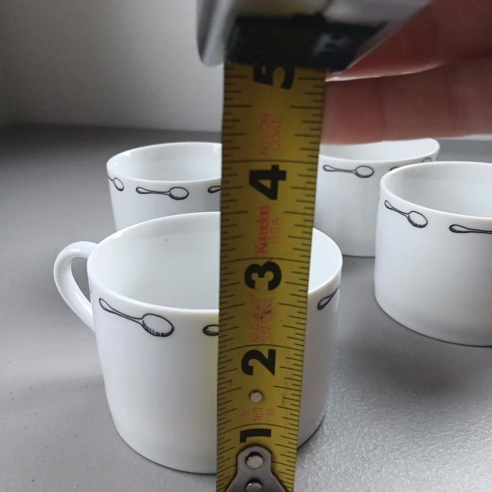 4 Pier 1 Porcelain Coffee‎ Mugs Cups 8 oz Espresso White with Spoon Circle VTG